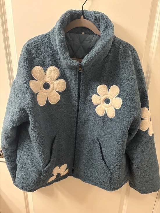 Amazon Jackets & Blazers - Cozy Blue Sherpa Jacket with White Flower Appliqués